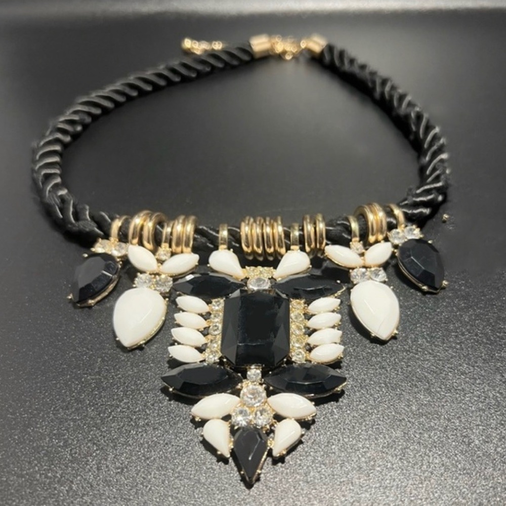 Black and Gold Statement Necklace Crystal on Black Rope Chain Black Gold & White
